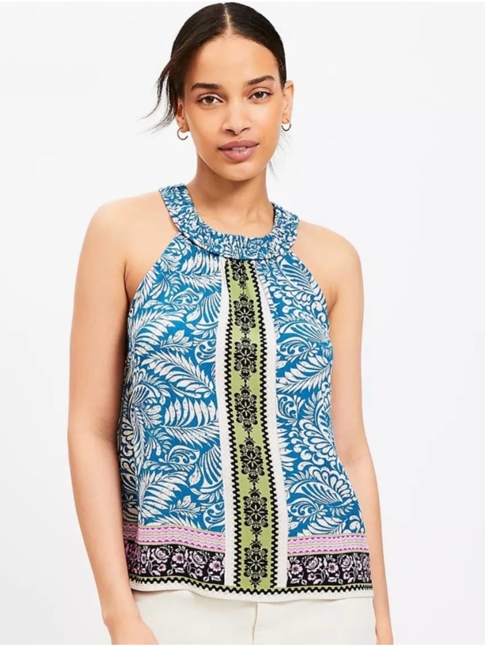 LOFT Sleeveless Blue Botanical Patterned Halter Tank Top